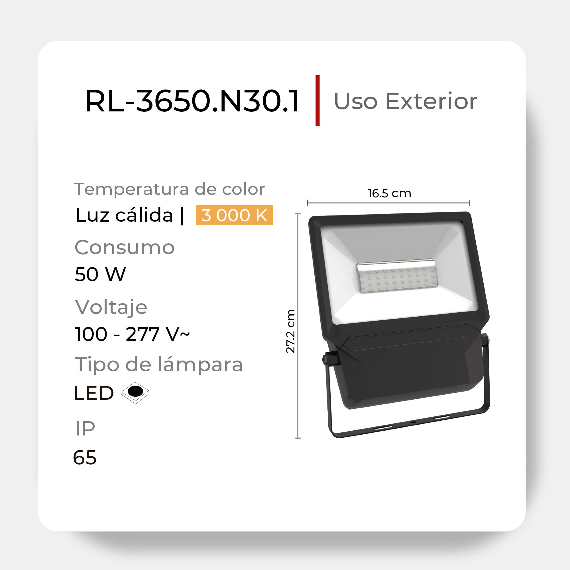 Reflector Illux para exterior LED 50W, Modelo RL-3650.N30.1