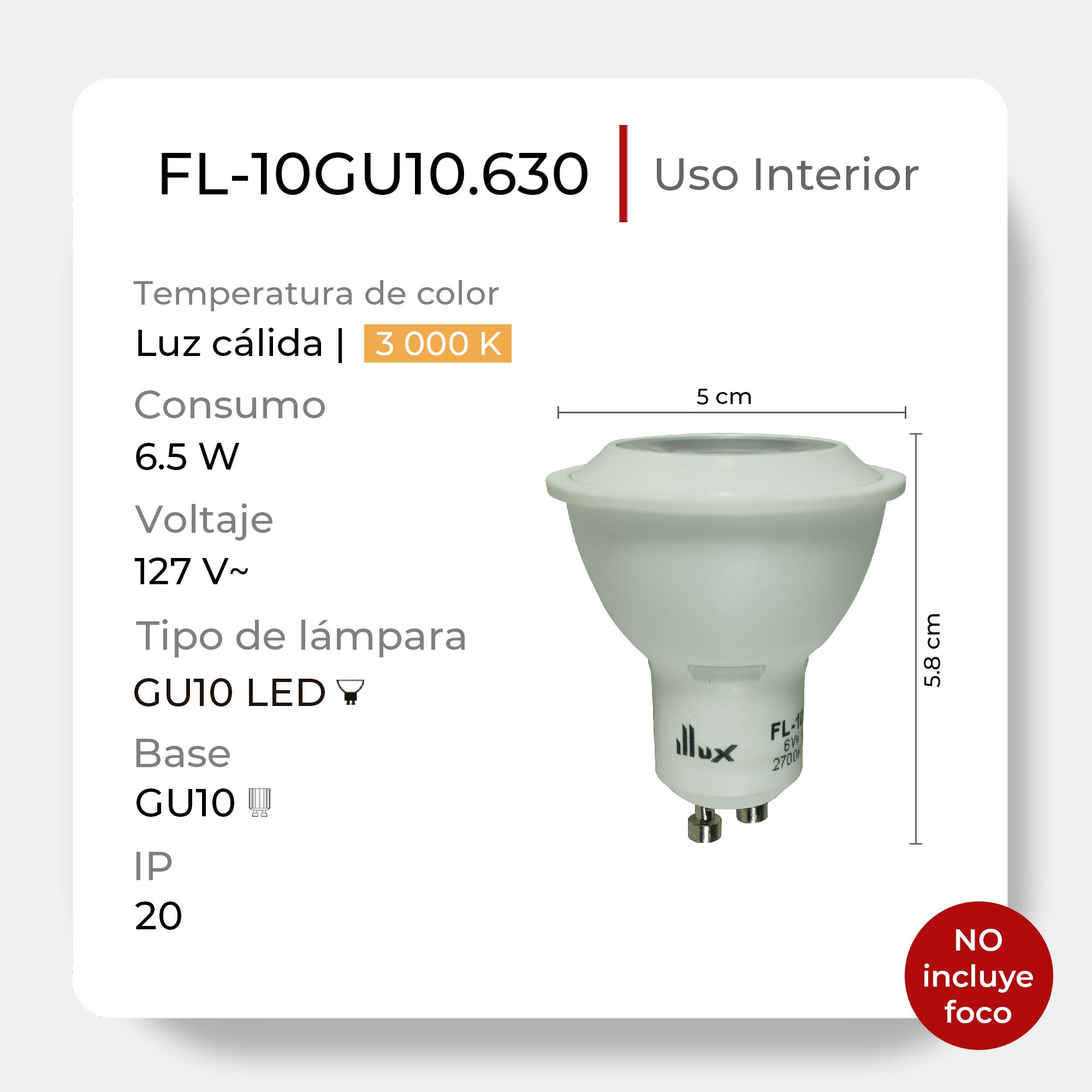 Lámpara LED GU10 Atenuable de 6.5W 127V, FL-10GU10.630