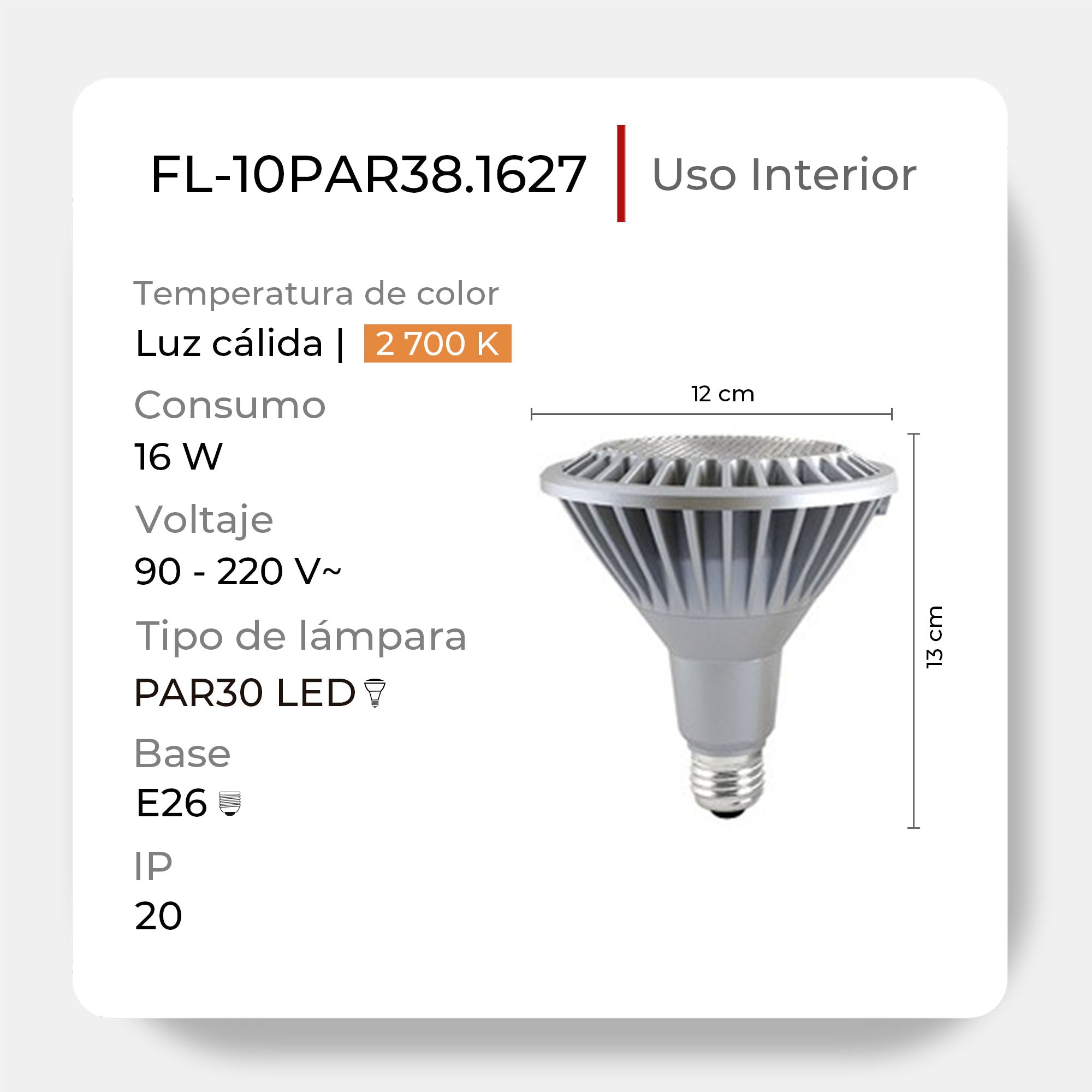 Lámpara LED PAR38 de Alta Eficiencia para Ambientes Acogedores, FL-10PAR38.1627