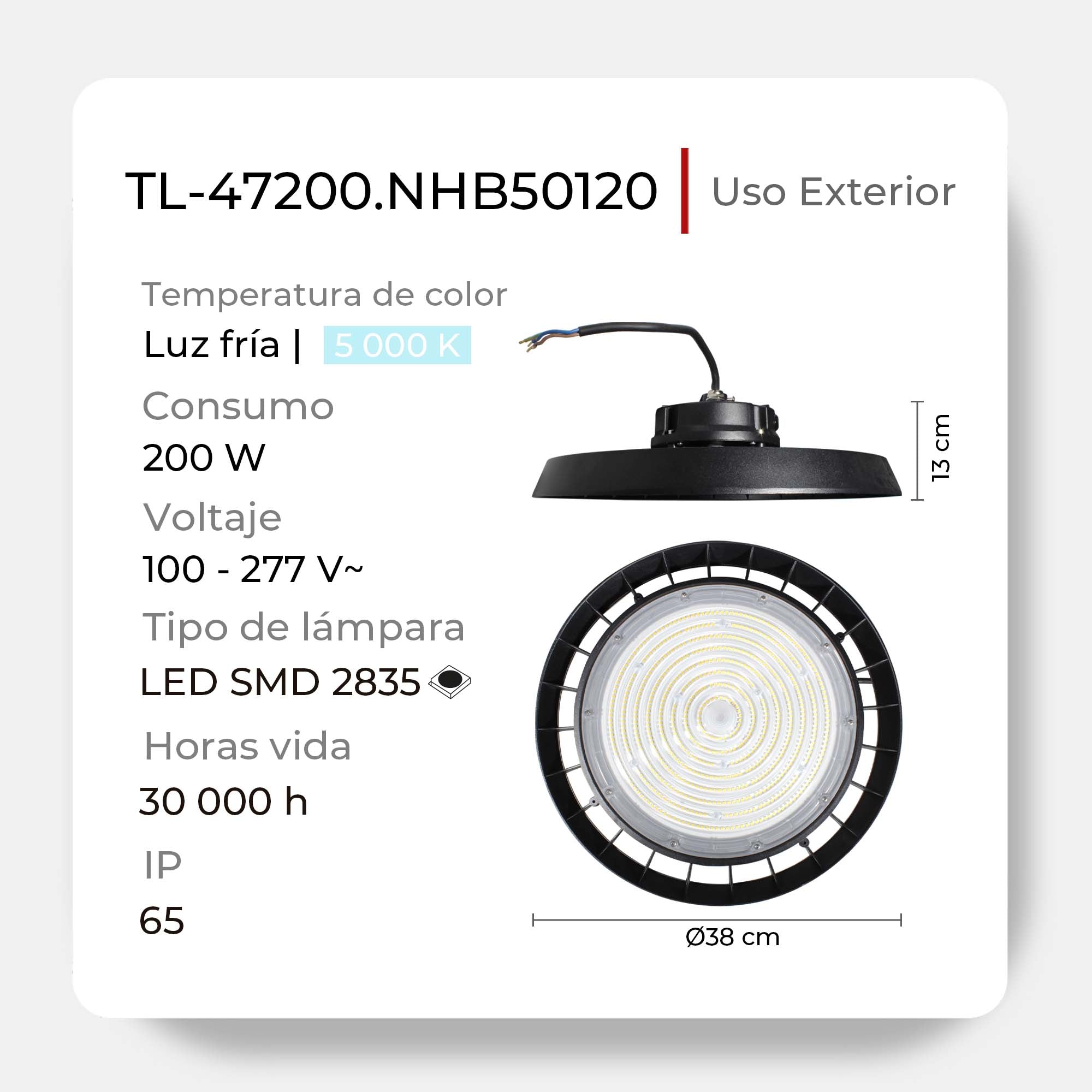 Luminaria LED HIGH BAY Industrial de Suspensión en Techo, Modelo TL-47200.NHB50120 Illux