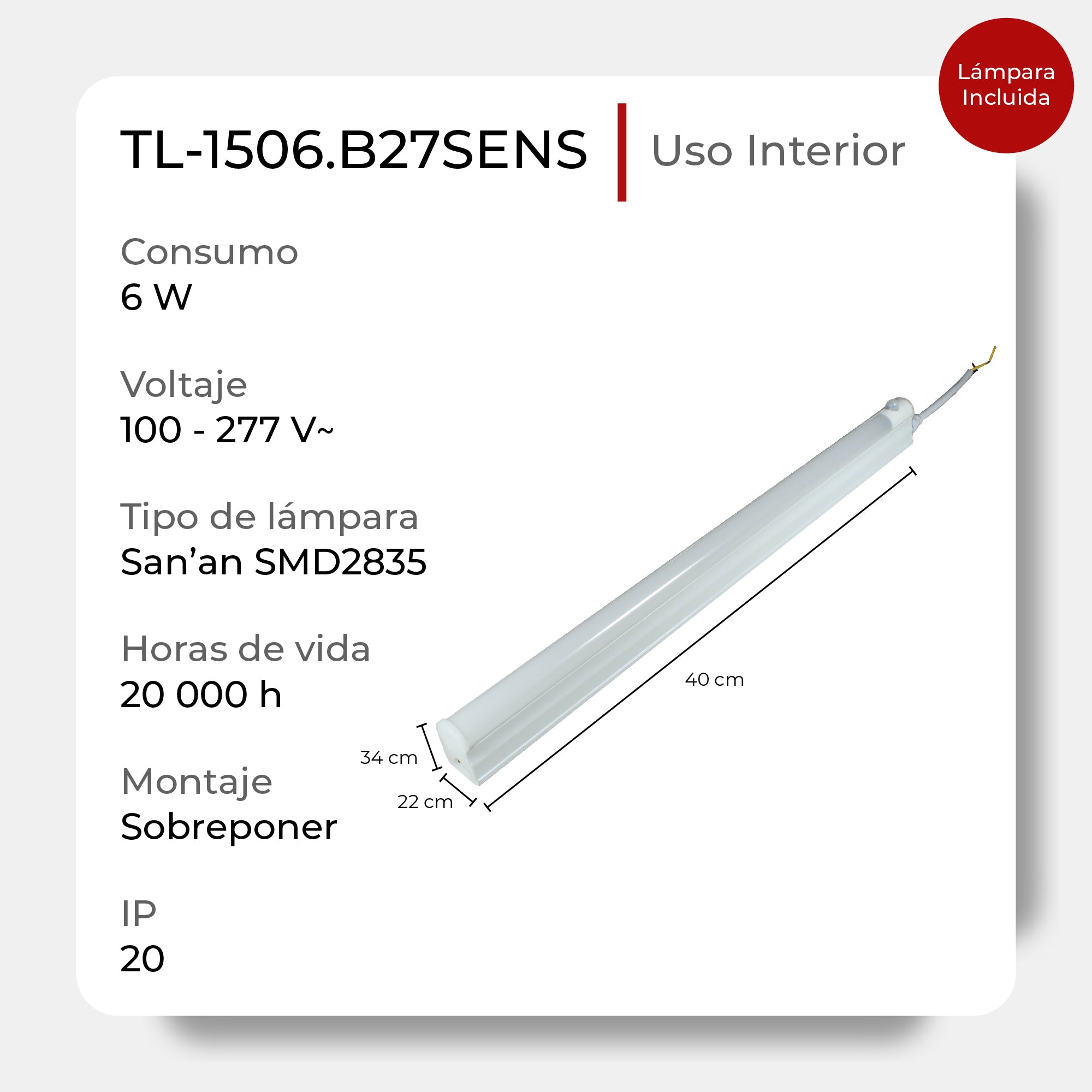 Luminario Lineal con Sensor de Movimiento Integrado, Modelo TL-1506.BSENS Eficiencia y Seguridad en Iluminación
