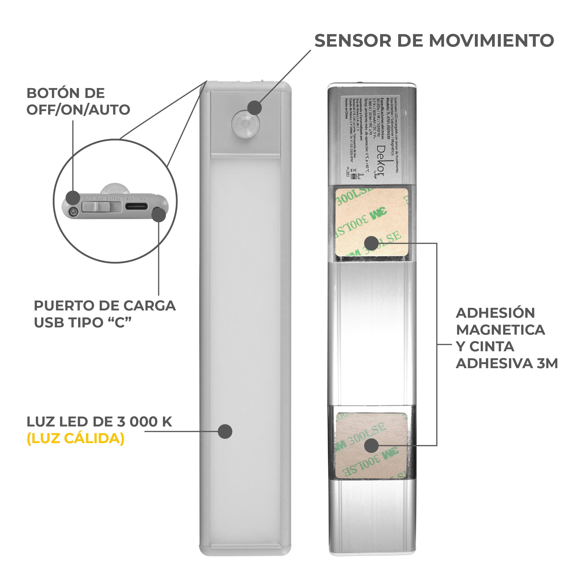 Luz de Closet LED con Sensor de movimiento, recargable USB,  para gabinete, alacena. TL-4701.ASENS30