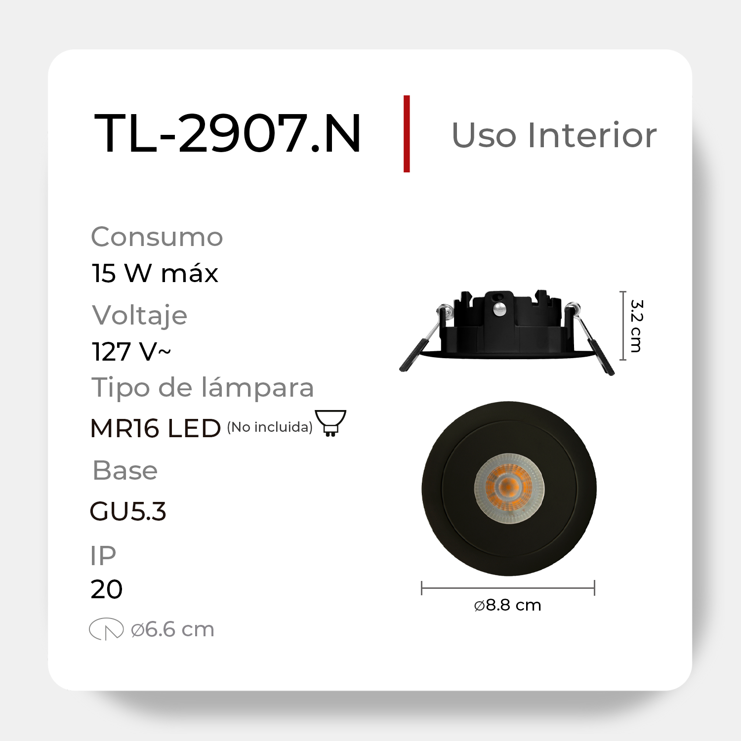 Luminaria LED Dirigible de Empotrar en Techo Antideslumbrante Tipo Dot 15W - Modelo: TL-2907
