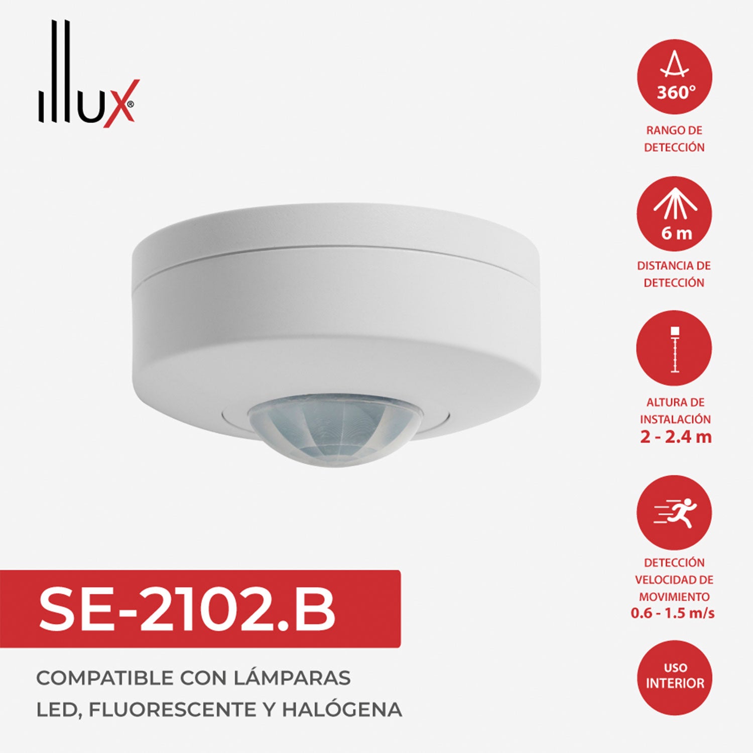 Sensor Illux de movimiento infrarojo 360° color blanco, SE-2102.B